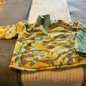 The North Face Women’s  Aqua, Yellow & Brown Sherpa Pullover Hoodie. Size Large